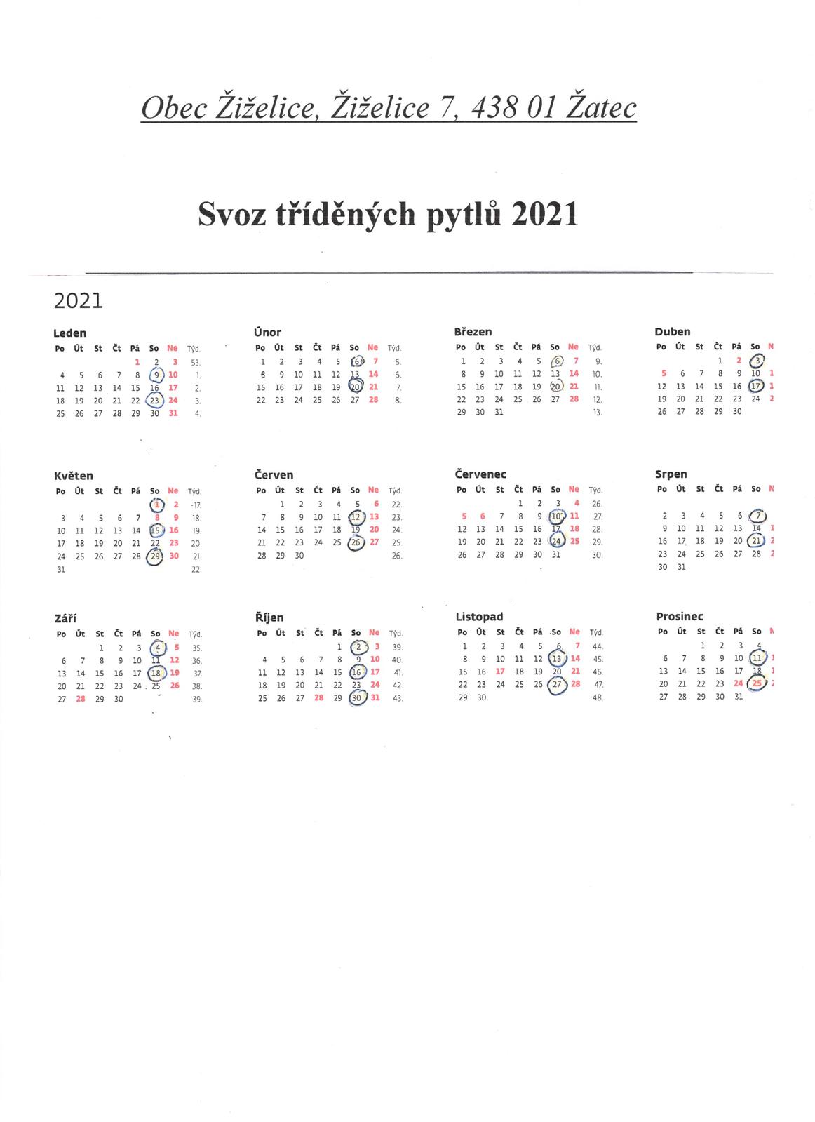 Svoz tříděných pytlů 2021